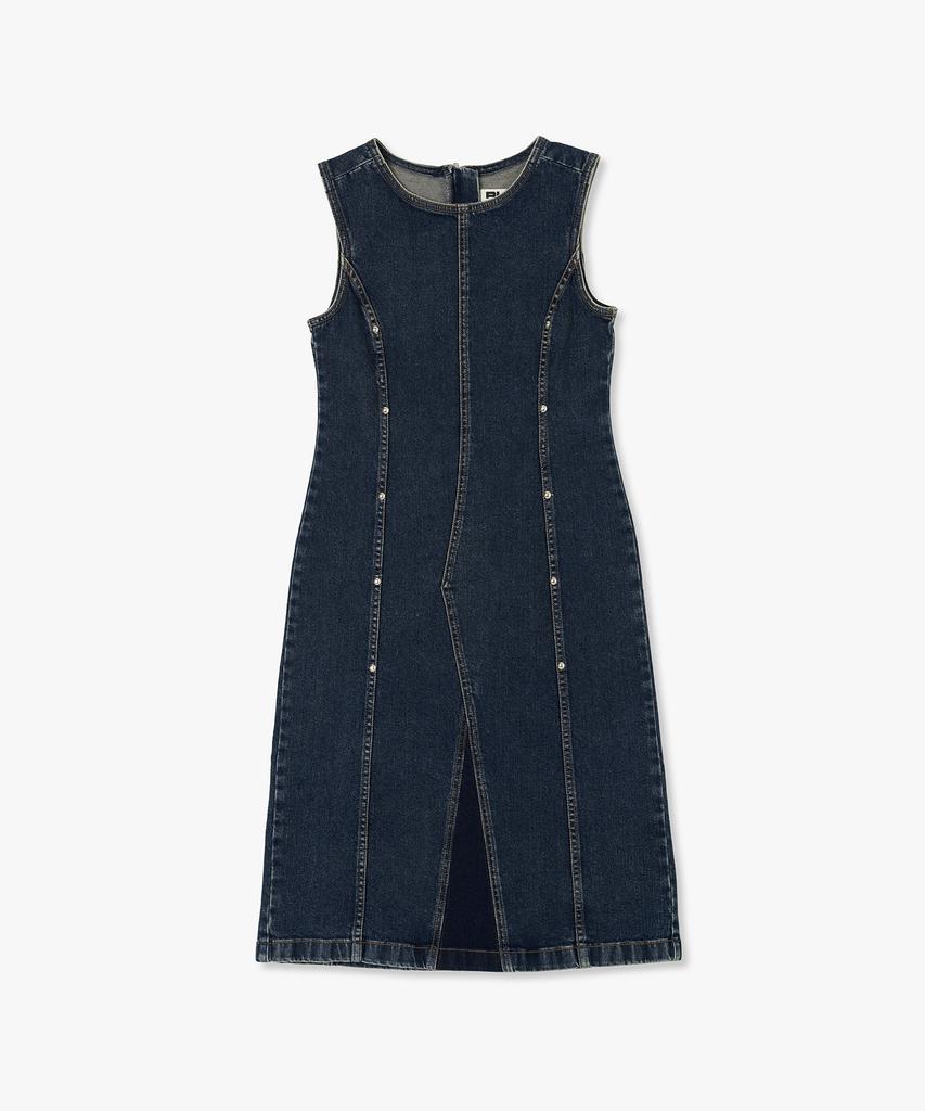 Plack Woman Rivet Detail Sleeveless Denim Dress Mid Blue