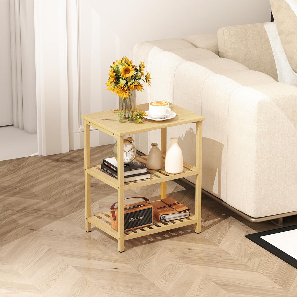 Side Table Made of Bamboo, 3 Levels with Slatted Shelves, for Small Rooms, Living Room & Bedroom, Natural