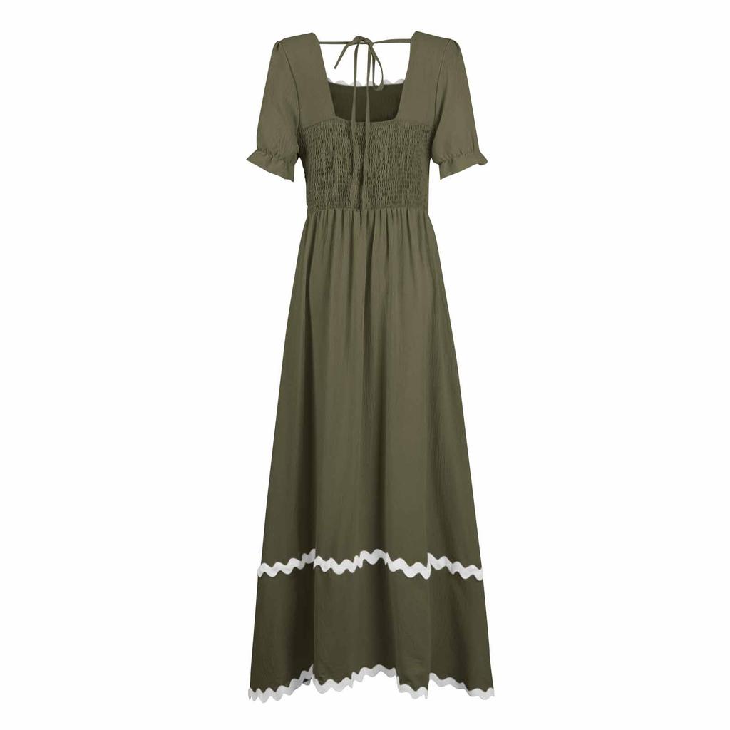 Women's Solid Color Square Neck Short Puff Sleeve Dress Casual Tie Back Smocked A Line Flowy Bubble Sleeve Dresses