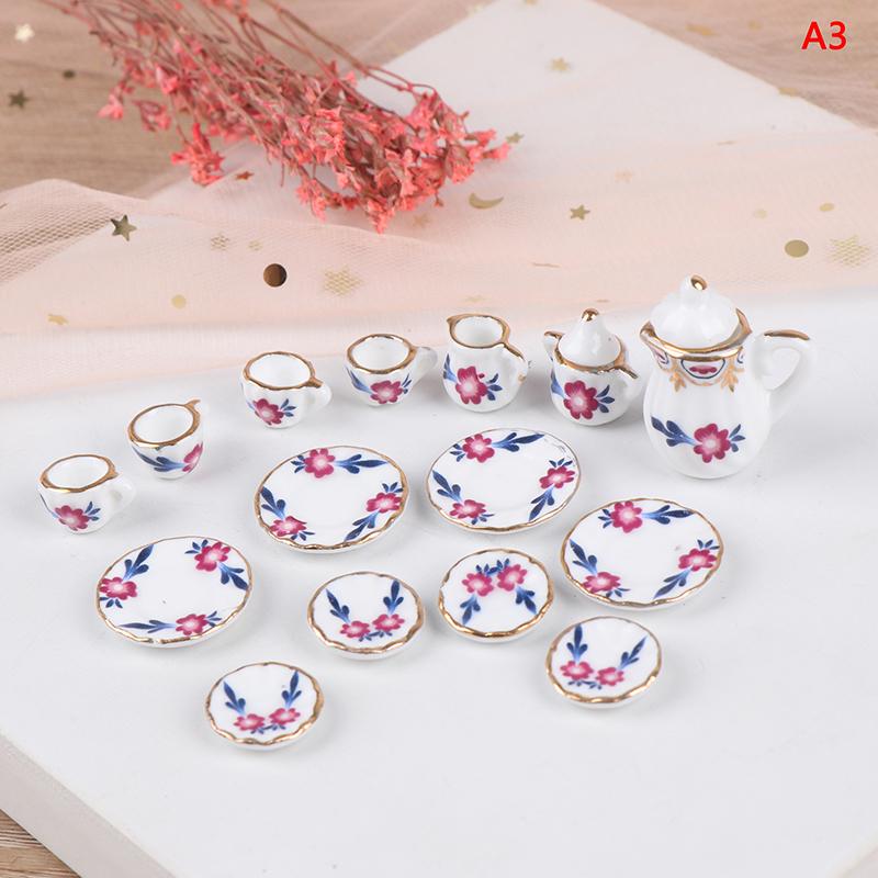 15Pcs Dollhouse Miniature Tableware Porcelain Ceramic Coffee Tea Cups Set Toys