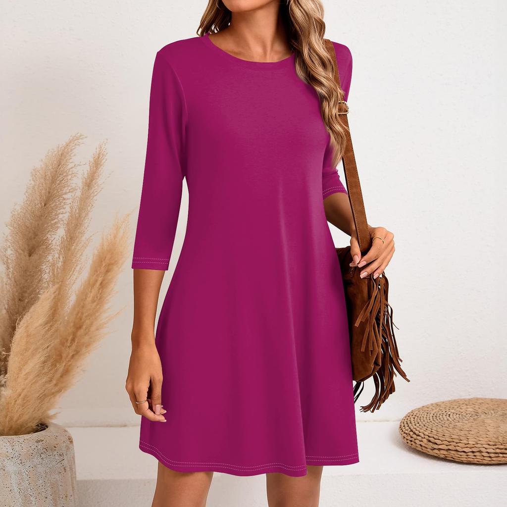 Женское модное повседневное однотонное короткое платье с круглым вырезом и рукавом три четверти