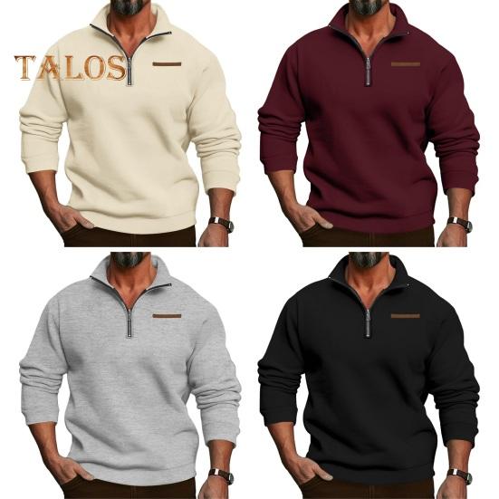 Fall Winter Men Sweatshirt Half Zipper Stand Collar Loose Solid Color Thick Plush Elastic Cuff Pullover Casual Holiday Sport Top