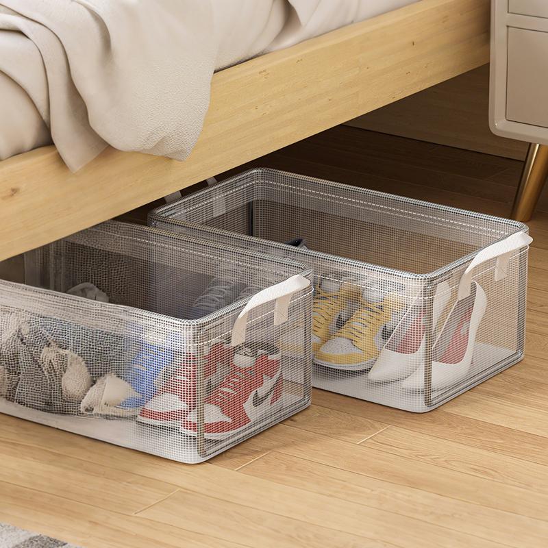 Grand panier de rangement avec cadre en métal, boîte pliable pour vêtements transparents, empilable pour jouets