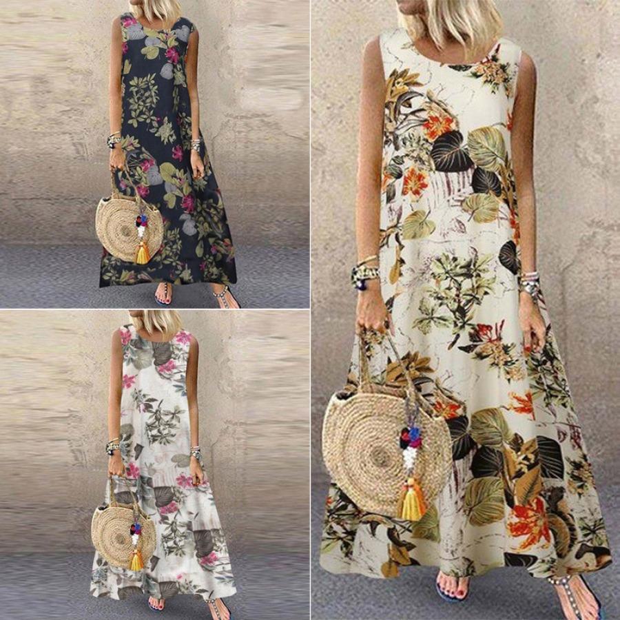 Женское платье-жилет из хлопка и льна в стиле ретро, ​​винтажное повседневное летнее платье с круглым вырезом без рукавов, длинные макси-платья большого размера