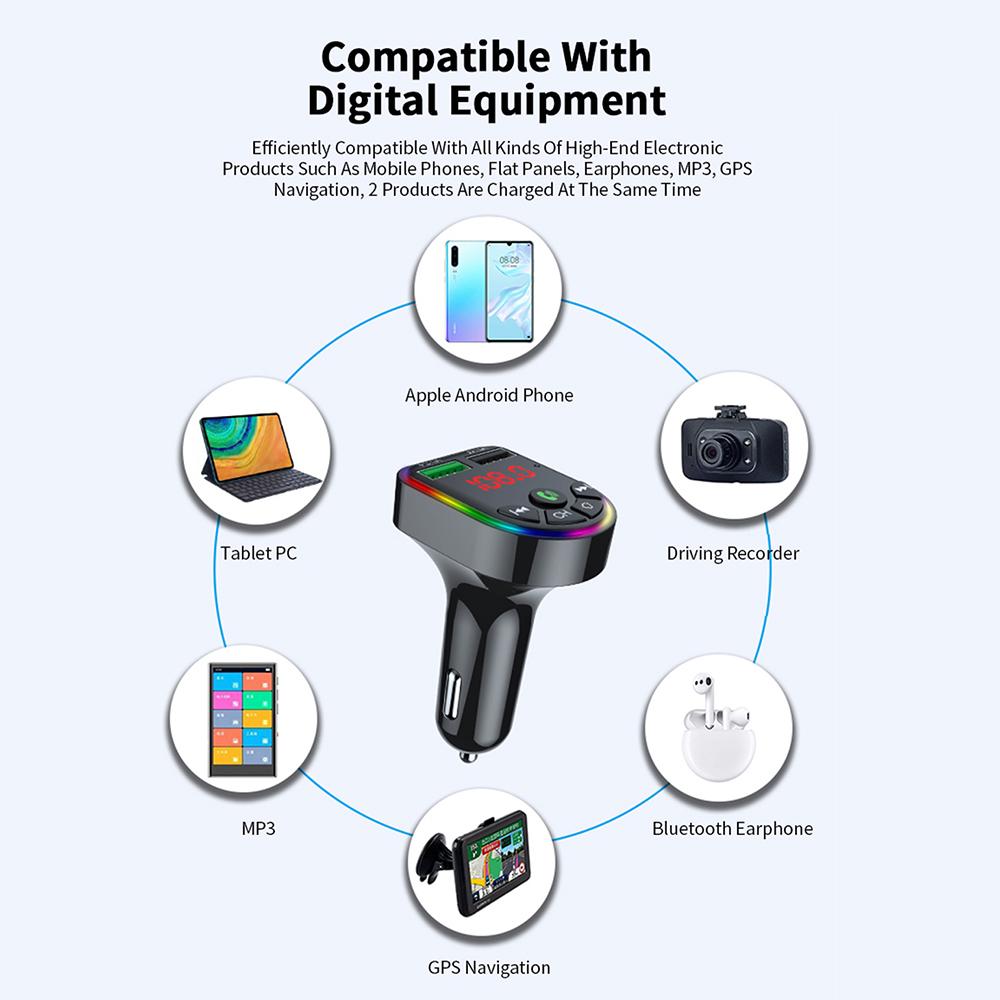 Автомобильный Bluetooth 5.0 FM-передатчик 7-цветный атмосферный светильник Автомобильный комплект MP3-модулятор Беспроводной аудиоприемник громкой связи