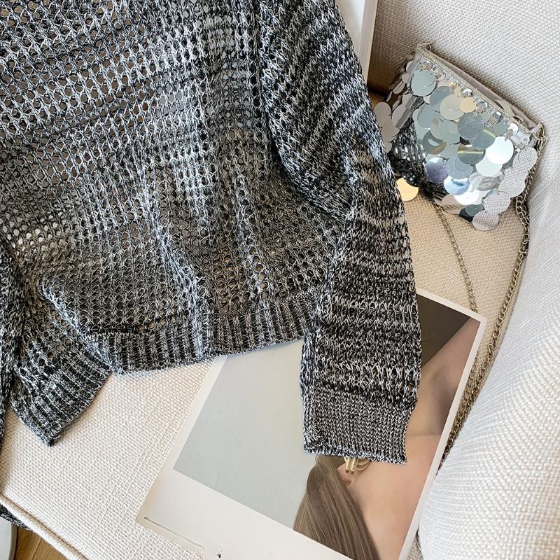 Модный свободный ажурный солнцезащитный вязаный свитер для женщин, осенний тонкий длинный рукав, круглый вырез, трикотаж, женские элегантные повседневные свитера 24799