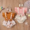Toddler Baby Girls Solid Tops+Sunflower Floral Printed Suspender Shorts Outfits