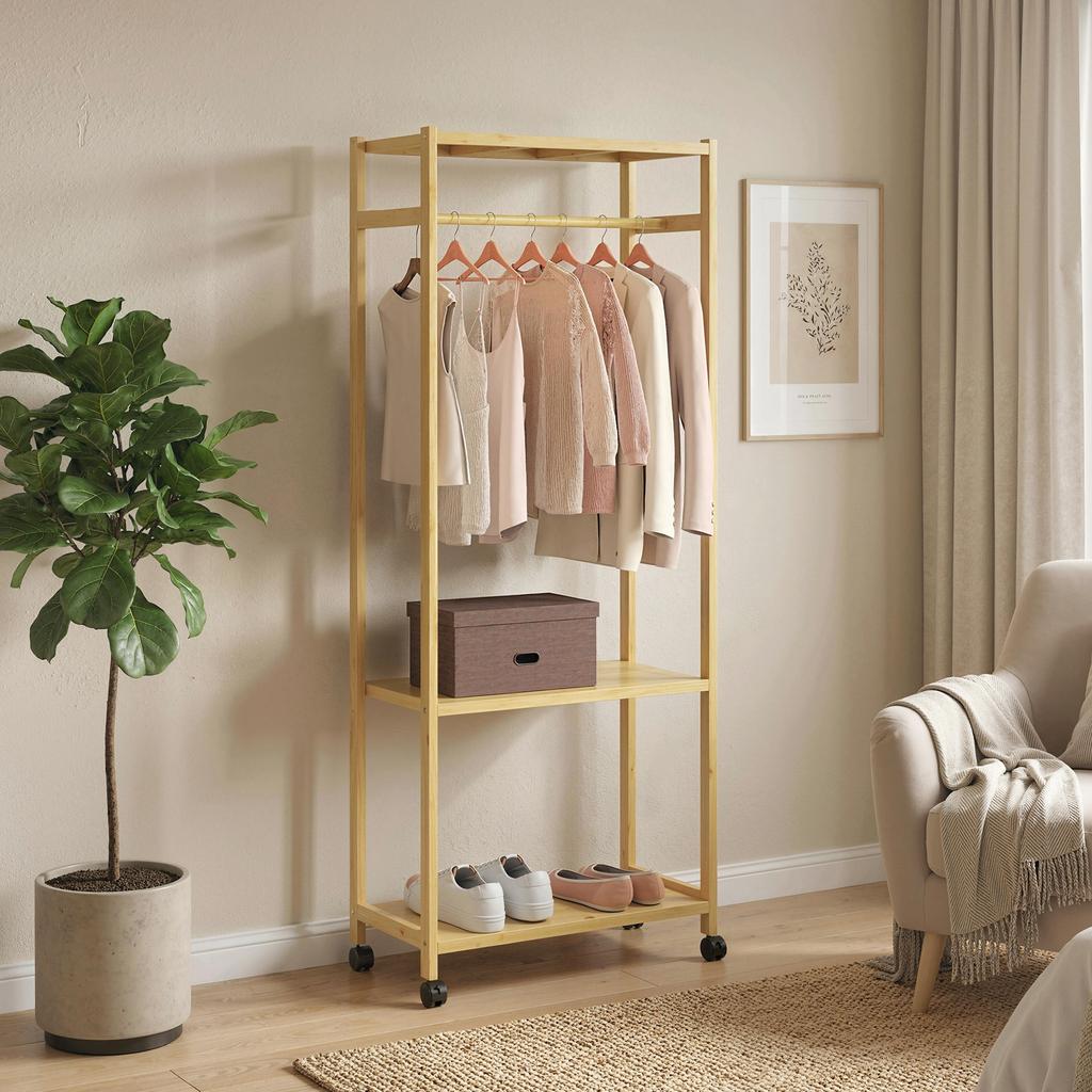 Freestanding Coat Rack with Bar, Shelves and 4 Bamboo Wheels, 70x35x175cm, Natural Wood