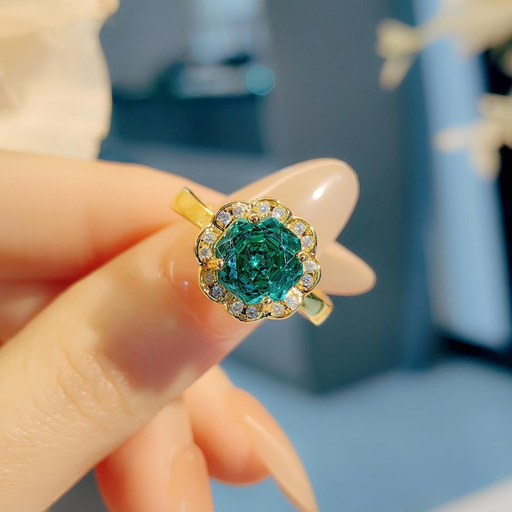 Exquisite Colorful Octagon Millennium Rose Cut Paraiba Ring Set Light Luxury High Carbon Diamond Redstone Stud Earrings Pendant