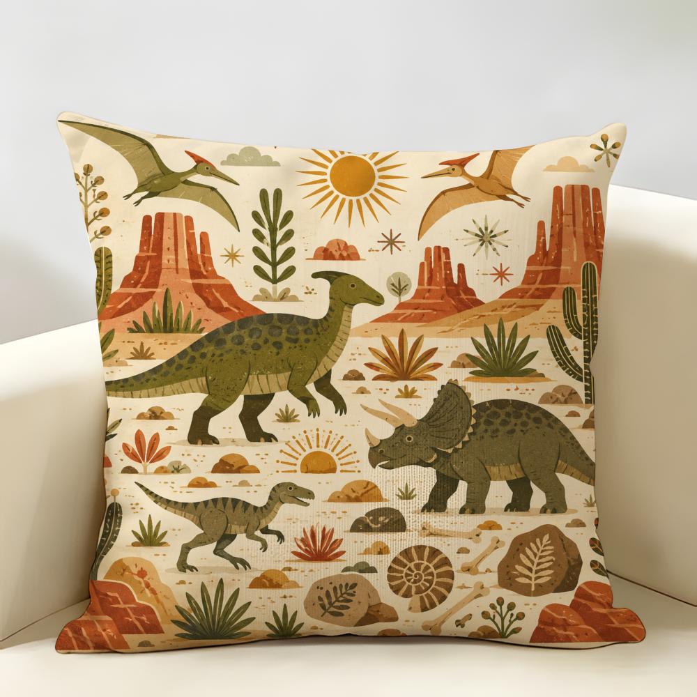 Dinosaur Retro Dino Cushion Cover Durable Hypoallergenic Organic Linen Pillow Cover Short Size Washable Skin-Friendly