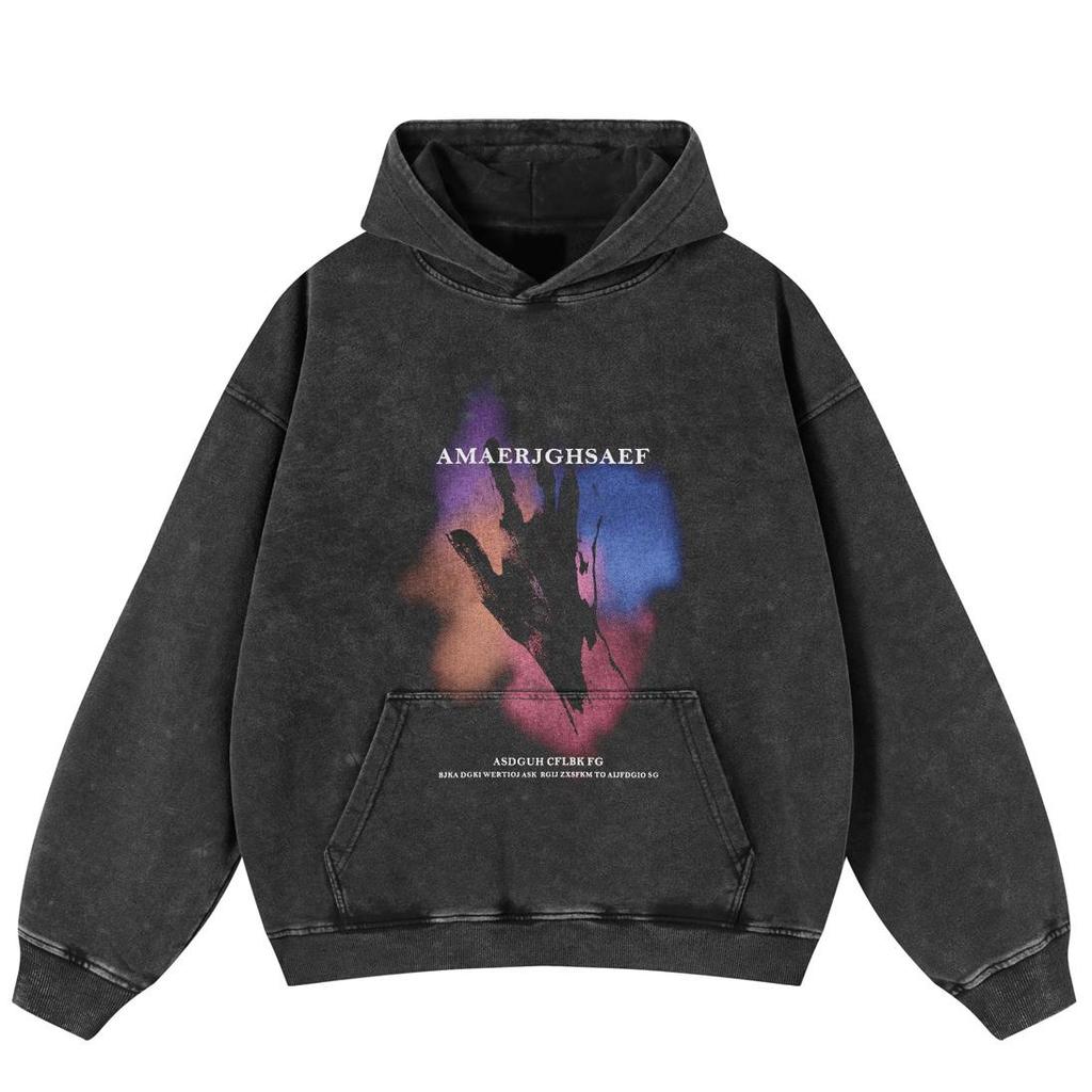 Streetwear Retro Dopamine Color Abstract Washed Black Oversized Unisex Y2K Hoodie