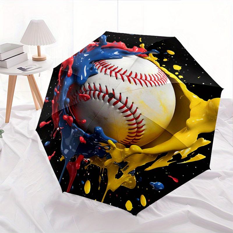 Baseball, Paint Splatter Automatic folding umbrella  simple eight rib design, bright color pattern, durable iron frame, ideal for travel and