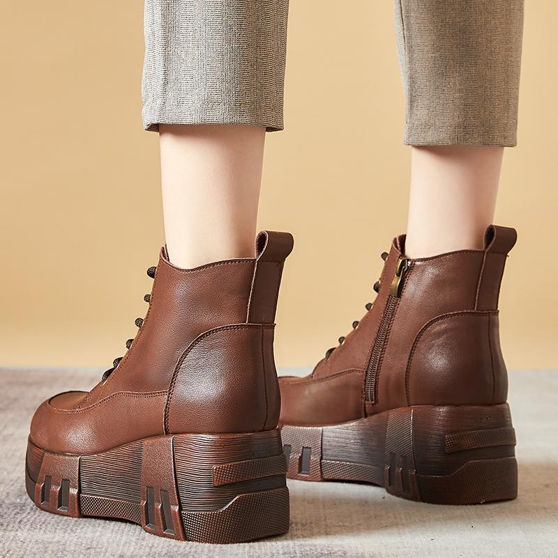 GKTINOO Retro Women Platform Boots Autumn Round Toe Genuine Leather Wedge Heel Ankle Boots Women Handmade Casual Shoes