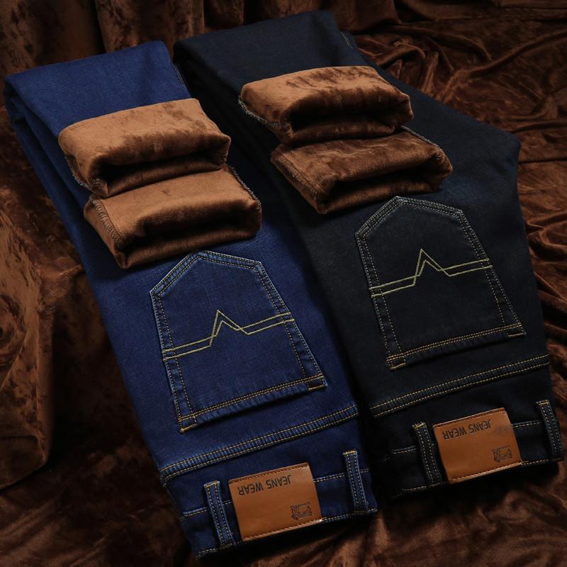 2024 Осень/Зима Новые Плюшевые Толстые Джинсы Мужские Облегающие Эластичные Прямые Брюки Повседневные Мужские Брюки