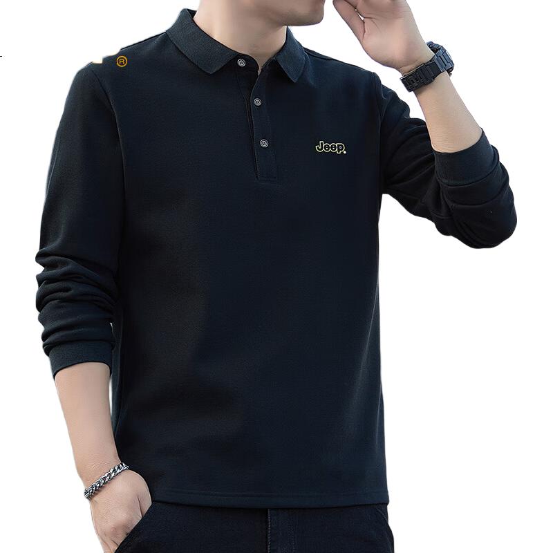 JEEP Men's Long-Sleeve Polo Shirt, Spring And Autumn Men's Clothing, Base Layer, Loose Top, Black, Size L