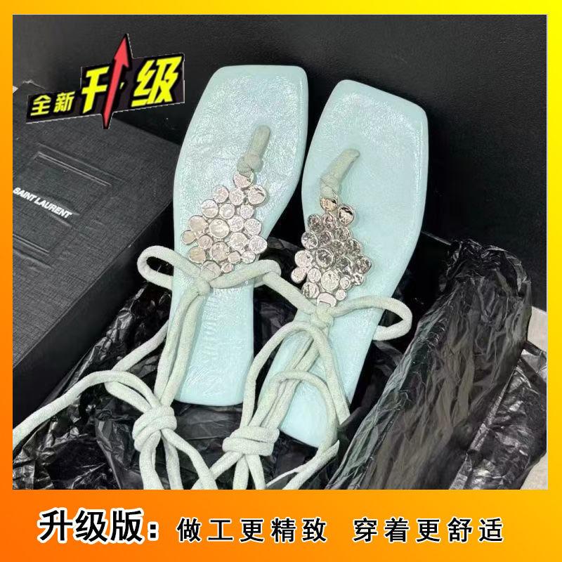 Niche Sweet Light Blue Metal Buckle Square Toe Slim Holiday Flat High Strap Sandals 2025
