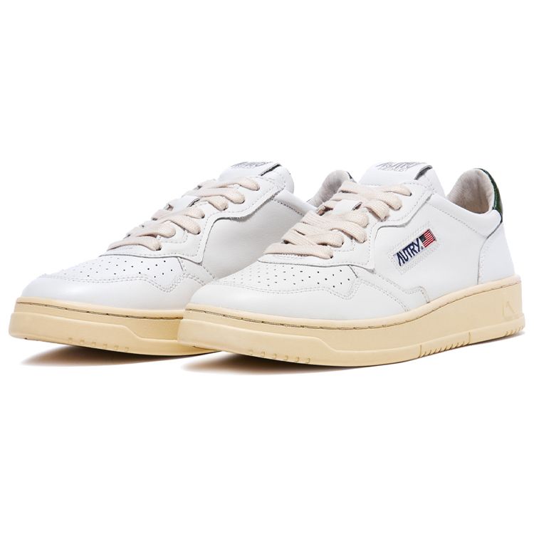 Autry Medalist Leather Low White Dark Green Men Sneakers Cream AULM-LL47