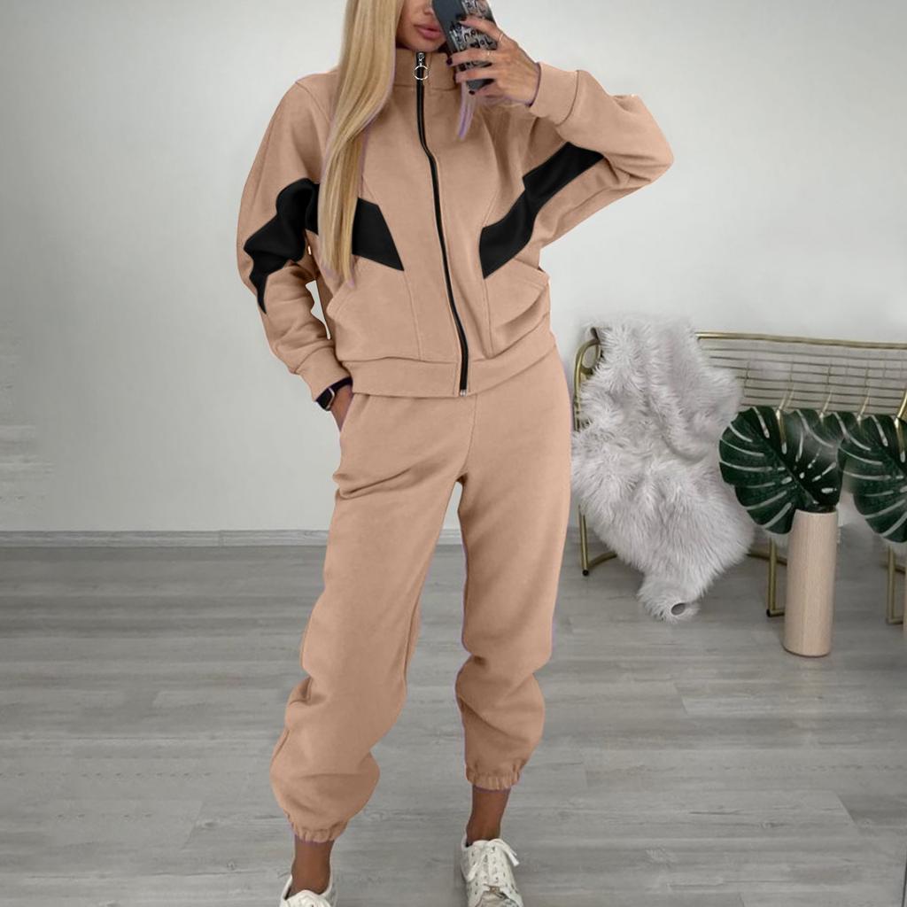 Женская мода, повседневный пуловер с цветными блоками, комплект из двух предметов, карманы