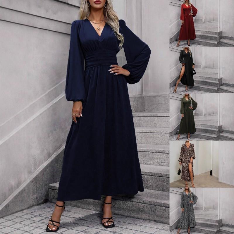 2026 Fall Winter Womens Lantern Sleeve Smocked High Slit Elegant Dress