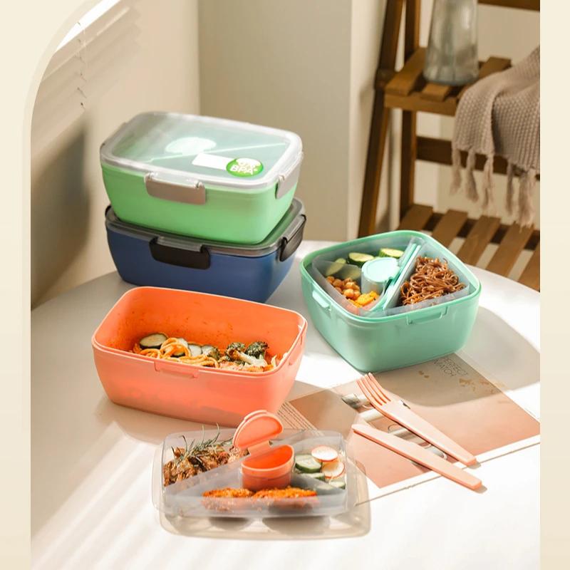 Double Layer Picnic Salad Lunch Box Compartment Bento Boxes with Tableware Carrying Handle Box Reusable Food Storage Containers