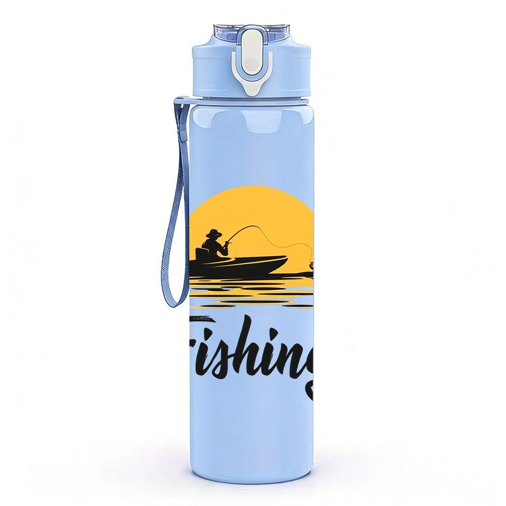 1PC Sunset Lake Fishing Silhouette Print 750ml Color Plastic Sports Water Bottle Leakproof Flip Straw Lid Suitable for Sports Office Home Use
