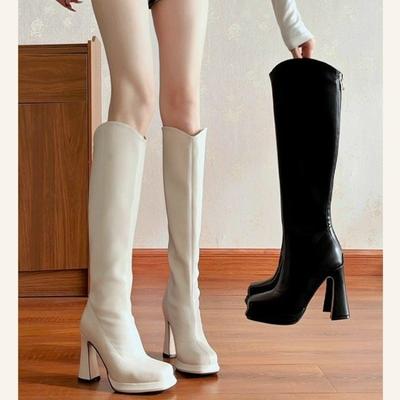 Маленькие толстоподошвенные туфли на высоком каблуке с длинным голенищем, тонкие ботинки, женские новые ботинки-рыцари на квадратном каблуке, ботинки на толстом каблуке, длинные ботинки с задней молнией