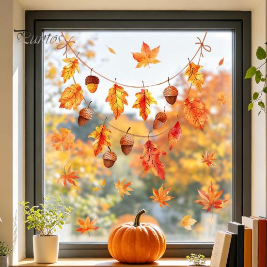 Durable Window Clings for Glass Autumn Maple Leaf Pinecone Scarecrow Pumpkin Static Clings, Waterproof PVC Film Stickers, Removable Seasonal