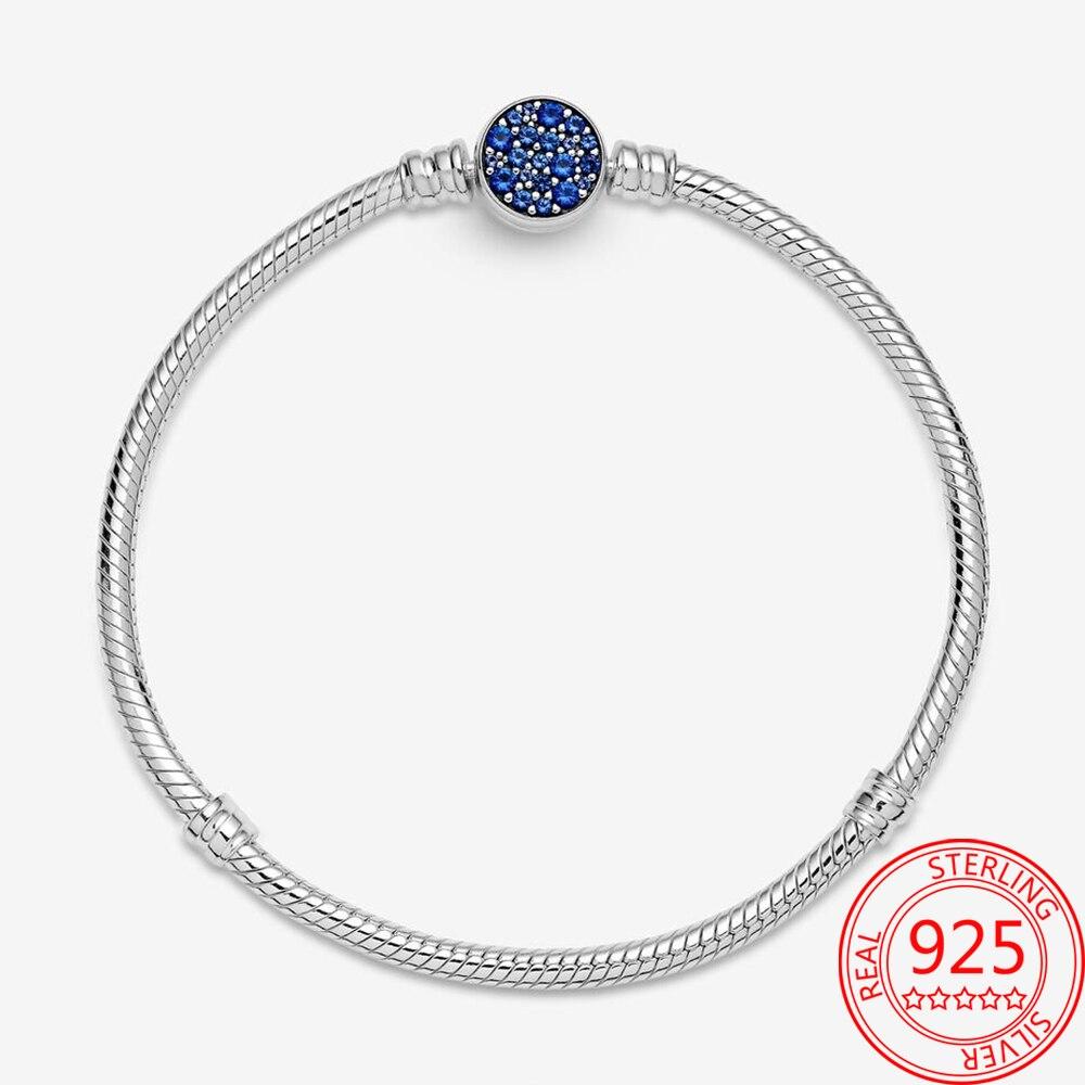Оригинальный настоящий 100% стерлингового серебра S925 пробы браслет с застежкой в виде сердца с синими драгоценными камнями, подходящий для подарка с подвесками из серебра 925 пробы