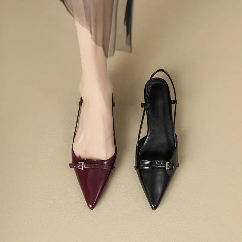 2025 New Summer Wine Red Pointed Patent Leather Mid-heel Overhead Sandals for Women Retro Skinny Heel Back Empty Shoes