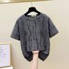 Large Size Women's Summer New Style Loose Slim Sequins Ripped Loose Short-sleeved T-shirt Fat Mm Half-sleeved Front Shoulder Top