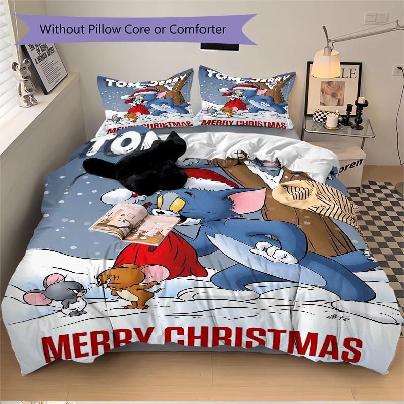 3pcs Merry Christmas Adventure Tom and Jerry Printed Duvet Cover Set (1 * Cover+2 * Pillowcase, Without Core), Suitable for Home Bedroom, Guest R