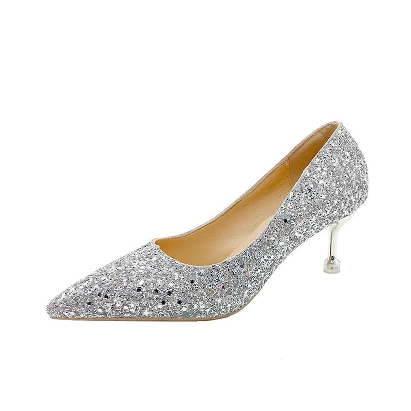 Fashion Elegant Woman Heeled Shoes Classics Bling Pointed Toe Women's Pumps Slip On Thin Heels Versatile Party Dress Wedding High Heels