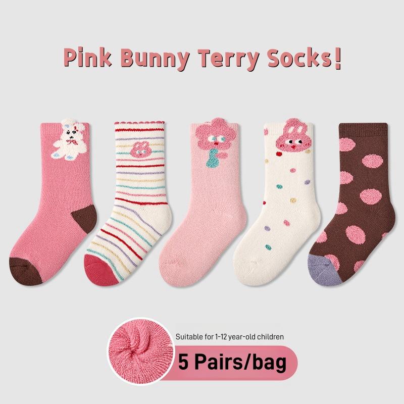 Зимние носки для девочек, теплые носки, новейшие детские термоноски, детские утепленные хлопковые носки, носки с изображением кролика из мультфильма, 5 пар/лот