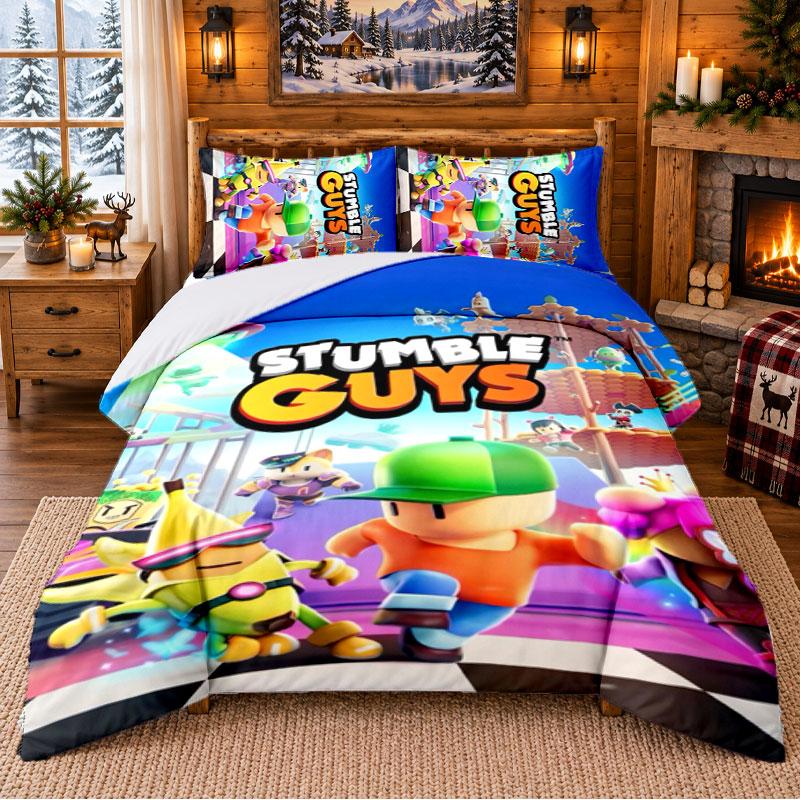 Stumble Guys Pattern Bedding 3Pcs Set Bed Sheet And Pillowcases For Indoor Bedroom