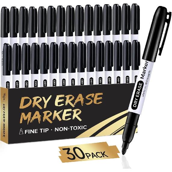 Taja Dry Erase Markers Fine Tip, 30 Pack Black Thin Low Odor WhiteBoard Markers Bulk Set for School Classroom Office Supplies