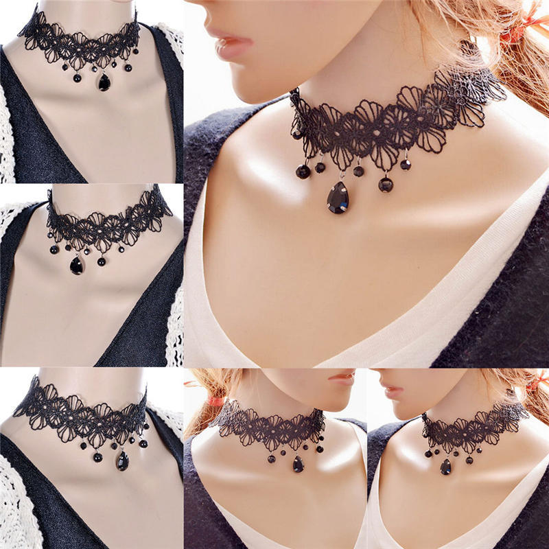 Fashion Gothic Black Lace Retro Choker Collar Flower Pendant Necklace Jewelry