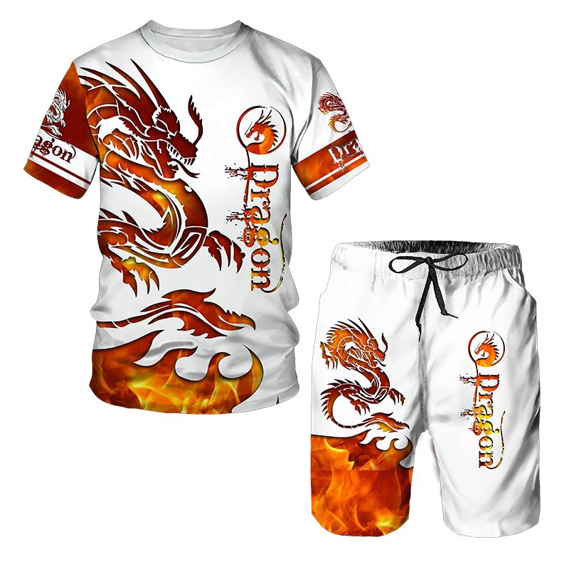 Мужские комплекты футболок с 3D принтом дракона, летние повседневные футболки с круглым вырезом, шорты, комплект из двух предметов, трендовая мужская одежда, пуловер