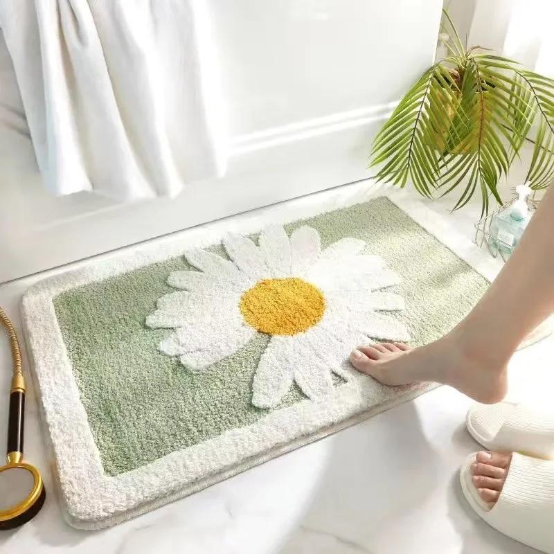 VIKAMA | Fresh Floral Imitation Cashmere Rug - Non-Slip, Absorbent Bathroom Mat/Living Room Doormat/Multi-Purpose Foot Mat
