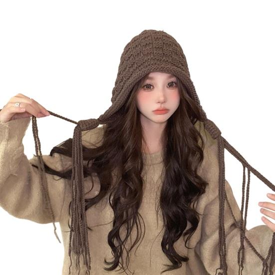 Женская зимняя шапка с длинной кисточкой, утолщенная вязаная, эластичная, противоскользящая, мягкая, с защитой ушей, однотонная, дышащая, ветрозащитная, декоративная шапка-бини KTB