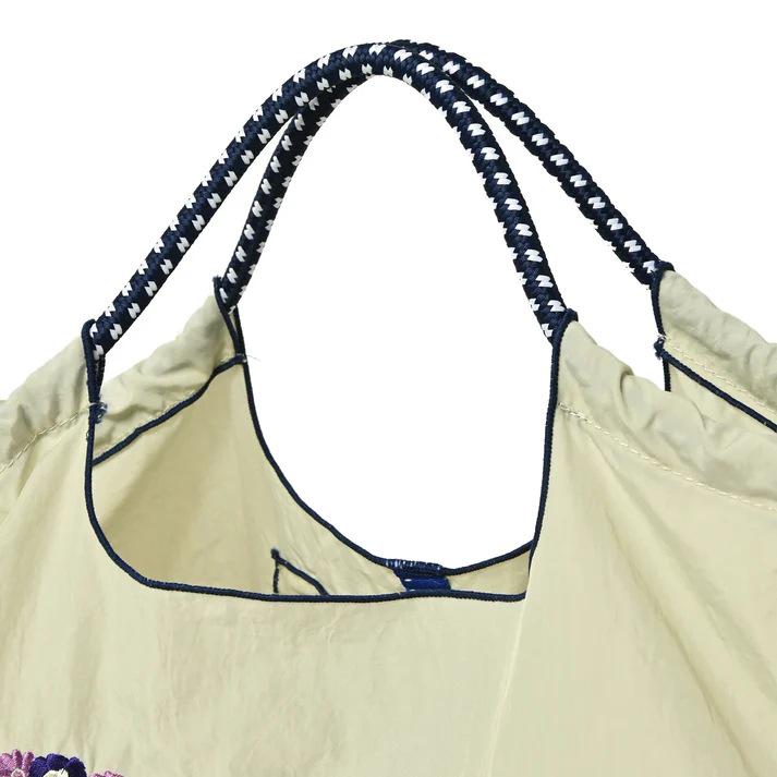 Eco-Friendly Embroidered Nylon Shopping Bag with Butterfly and Flower Designs, Convertible Hand-Held/Shoulder Style.