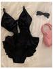 Black Deep V Lotus Leaf Edge Premium Sense Pure Wind Solid Color One-piece Swimsuit Women's Small Breasts Backless Hot Spring Sexy Big Breasts