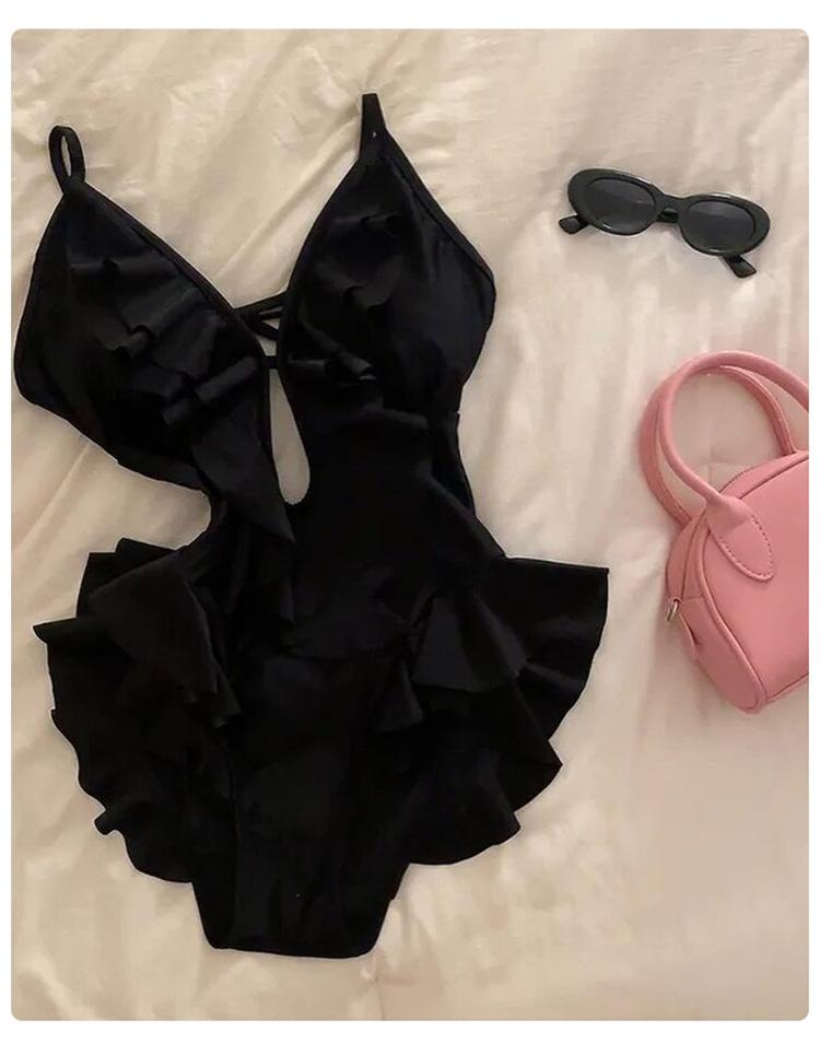 Black Deep V Lotus Leaf Edge Premium Sense Pure Wind Solid Color One-piece Swimsuit Women's Small Breasts Backless Hot Spring Sexy Big Breasts