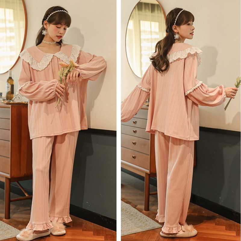Autumn Winter Women Korean Temperament Retro Sweet Long-sleeved Cotton Pajamas Set Nordic Fashion Palace Style Princess Style Home Clothes