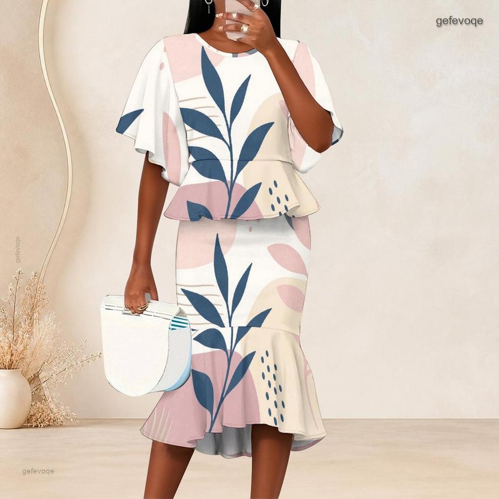 Women Plus Size Navy Golden Printed Round Neck Batwing Sleeve Ruffle Hem Top Fishtail Skirt Two Piece Set
