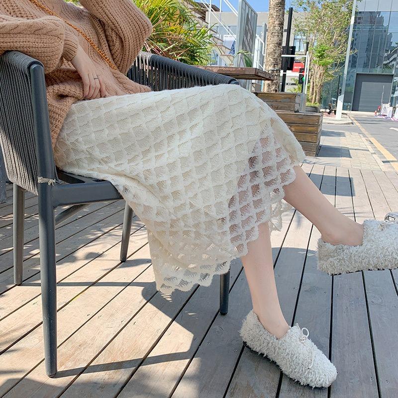 Двойная кружевная юбка средней длины для женщин на осень и зиму, однотонная в сочетании со свитером для высокой юбки А-силуэта, женские топы