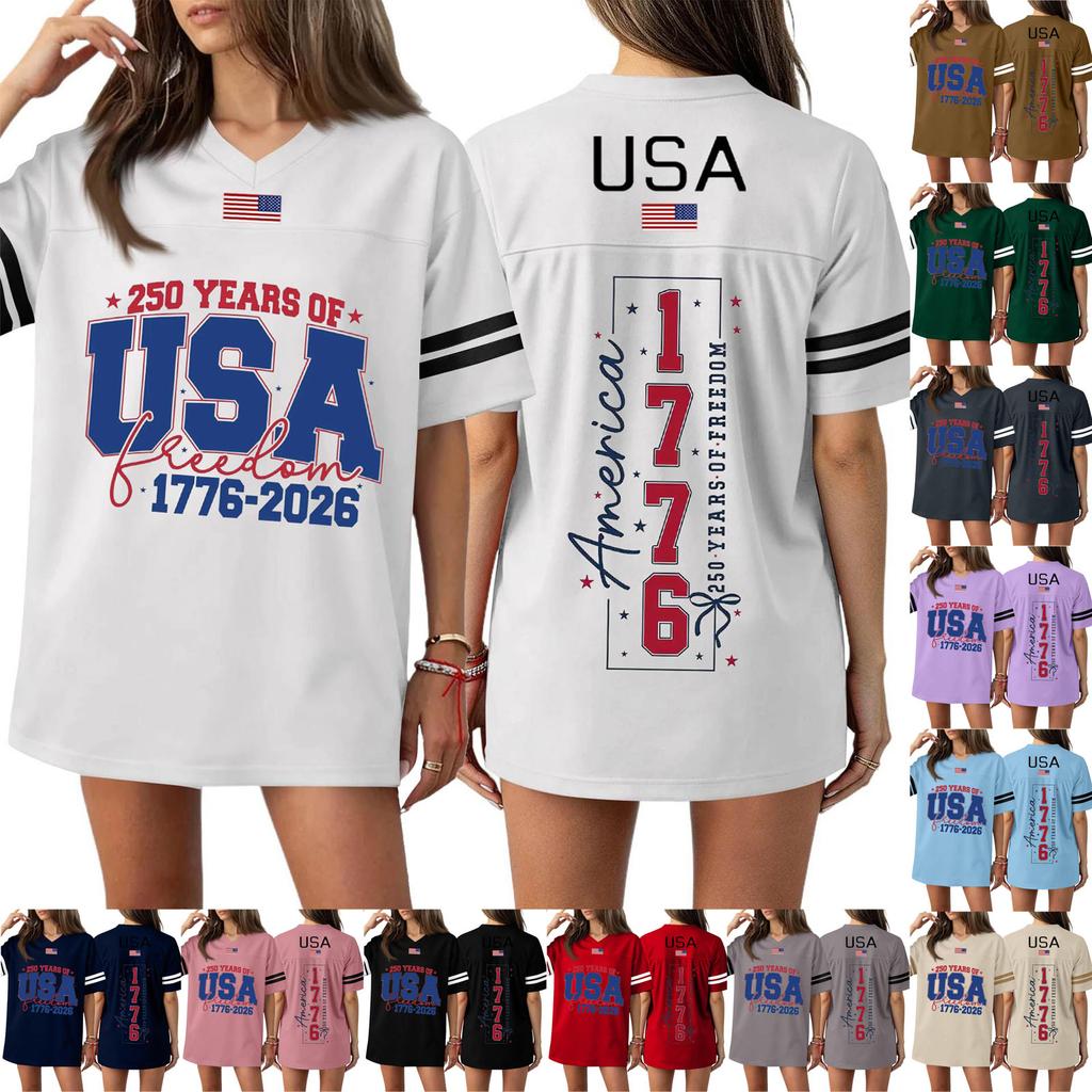 США 250 лет 1776 2026 Графический принт Свободный крой Короткий рукав V-образный вырез Повседневная футболка Топ