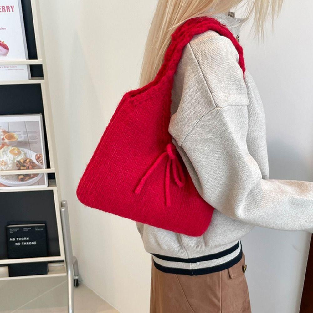 Soft Bow Knitted Handbag Twists Knit Shoulder Bag Personalized Weave Woolen Bag Travel