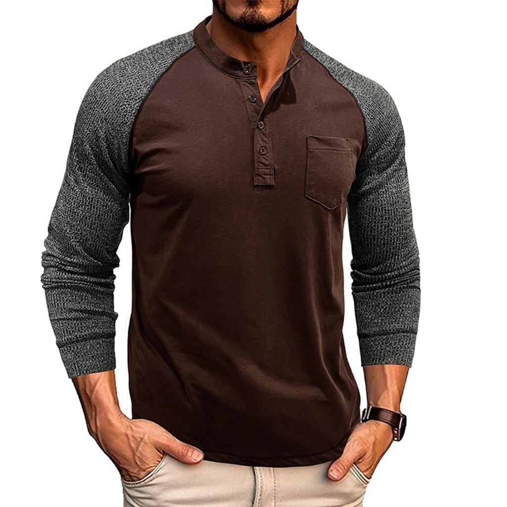 Men's Round Neck Ribbed Long Sleeved Bottoming Shirt Tough Guy Contrast Color Retro Button Men's T-shirt Top