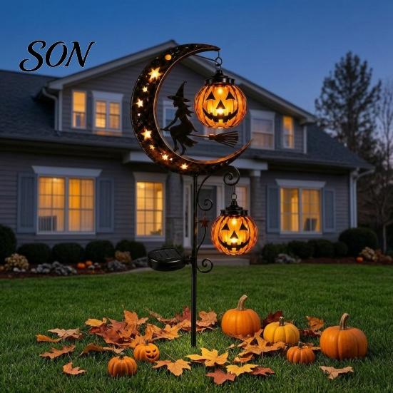 Outdoor Decorative Metal Stakes Solar Halloween White Ghost Pumpkin Moon Garden Stake Light, Waterproof LED Crescent Cat Lanterns Yard