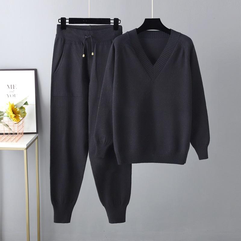 Autumn Winter V Neck Solid Color Long Sleeve Sweater Haren Pants Sets For Ladies Casual All Match Pullover Suit